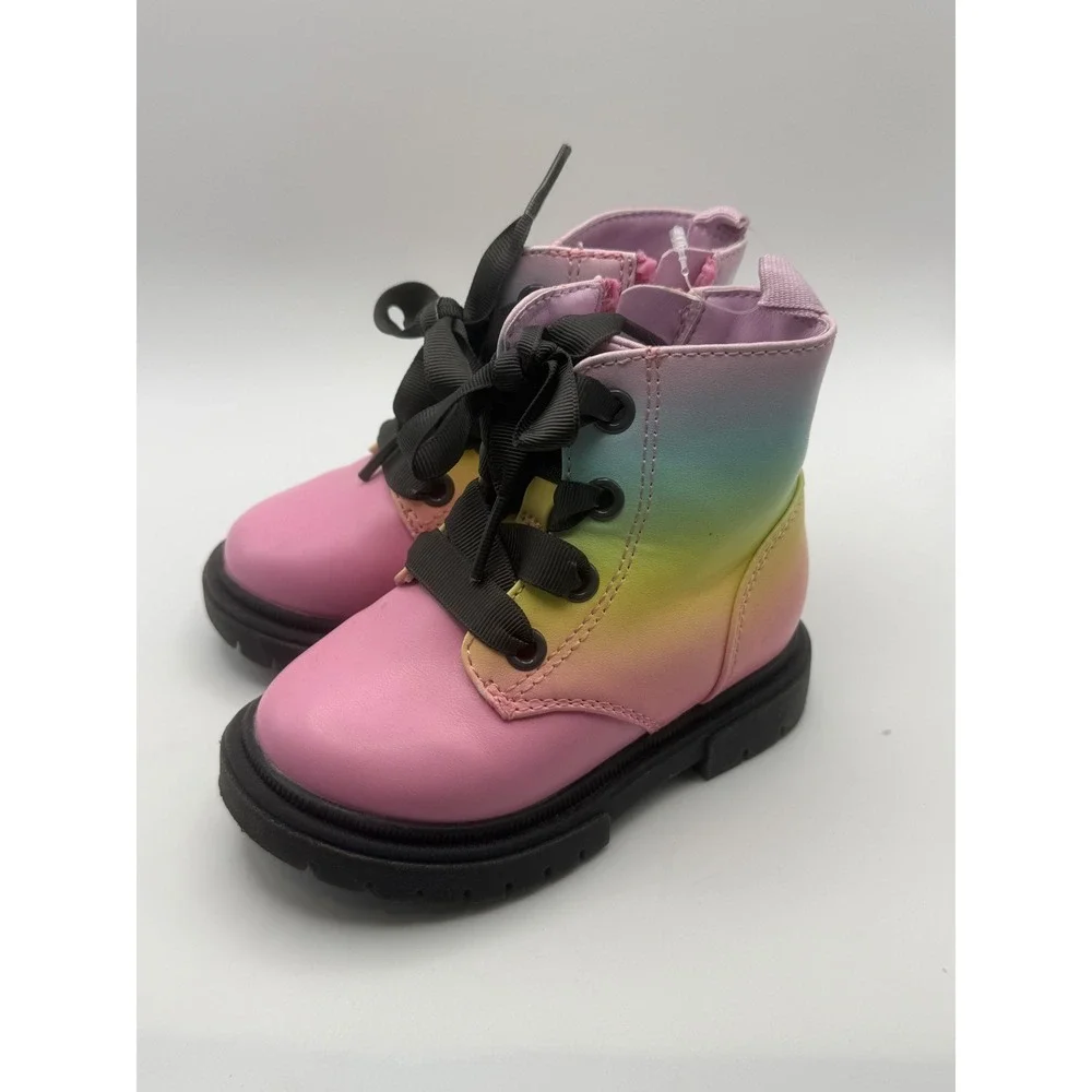 Cat & Jack Toddler Girls Rainbow Ombre Combat Boots Pink Ribbon Laces Size 6